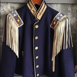 Navy Blue Wool Military Style Coat Fringe Diamond Leathers